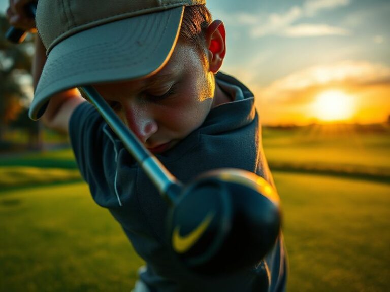 A lone golfer walks across a sunlit fairway, surrounded by tall grass and distant trees, with a mix of determination and cont
