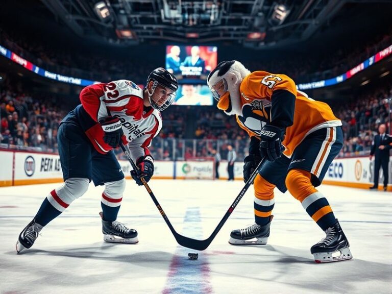 A fast-paced NHL game between the Pittsburgh Penguins and Washington Capitals, featuring Sidney Crosby and Alex Ovechkin batt