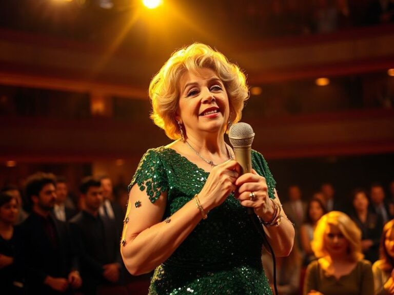 A vibrant photo of Elaine Paige on stage in a glamorous, sequined gown, belting into a microphone with a spotlight illuminati