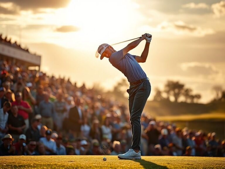 A dynamic photo of Max Homa mid-swing on a sunlit golf course, wearing a TaylorMade cap and a focused but relaxed expression,
