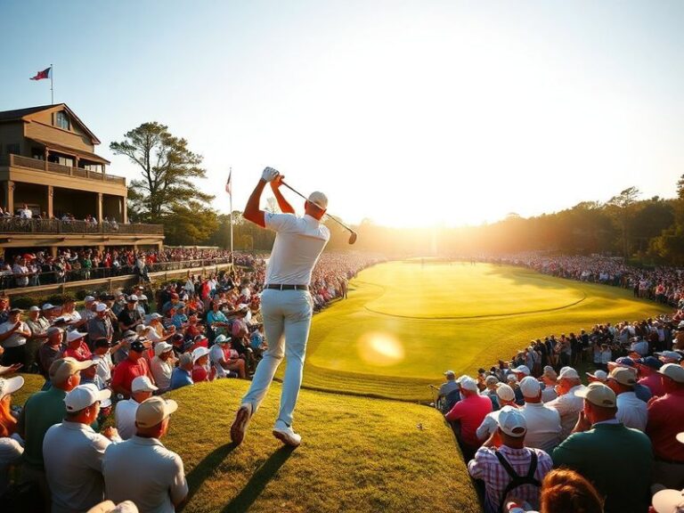 Aerial view of Baltusrol Golf Club's Lower Course during a sunny spring day, showing the lush fairways, bunkers, and grandsta