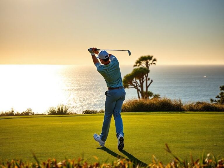 A dynamic action shot of Max Homa mid-swing on a sunlit golf course, with a crowd of fans in the background and a playful, co