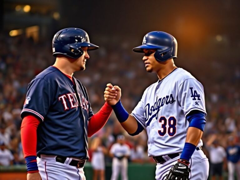 A split-image scene: left side shows a packed Dodger Stadium with fans in team colors under bright lights; right side shows G