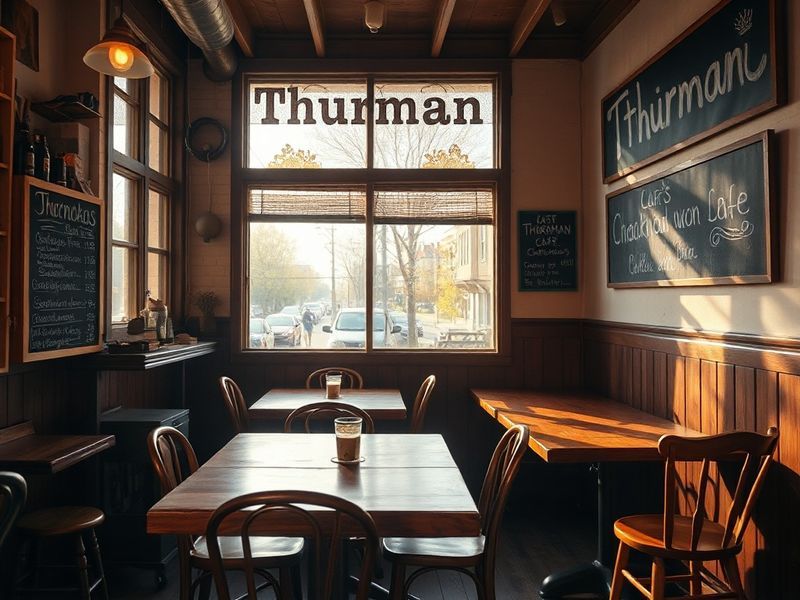 A cozy interior shot of Thurman Café with checkered floors, vintage décor, and a bustling lunch counter filled with locals en