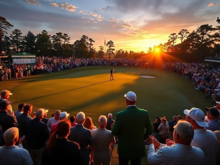 A panoramic view of Augusta National Golf Club during the Masters final round, with spectators, players in the final pairing,