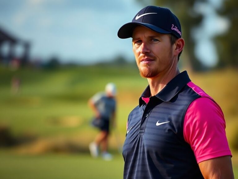 A professional golfer mid-swing on a sunlit course, wearing a Rolex watch and TaylorMade apparel, with a modern golf bag and