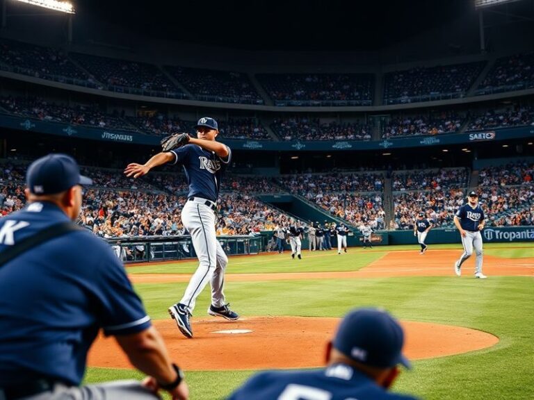 Aerial view of Tropicana Field during a game, highlighting the stadium's dome and surrounding Tampa Bay waterfront, with fans