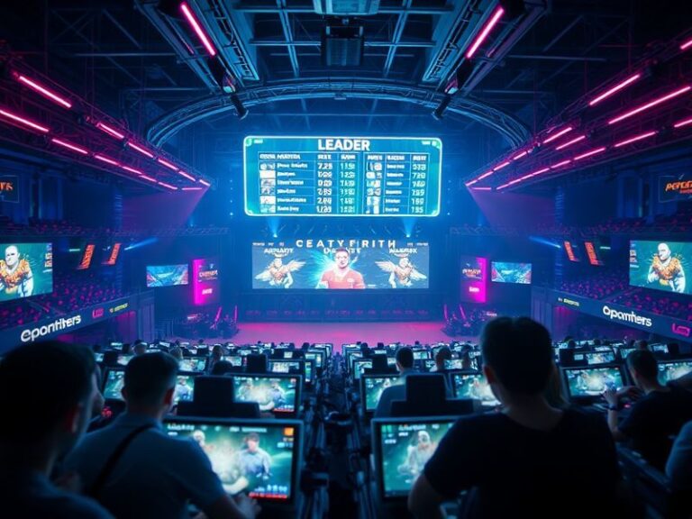 A futuristic digital interface showing a glowing global leaderboard with avatars from diverse cultures, set against a dark ba
