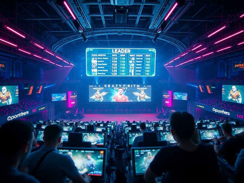 A futuristic digital interface showing a glowing global leaderboard with avatars from diverse cultures, set against a dark ba