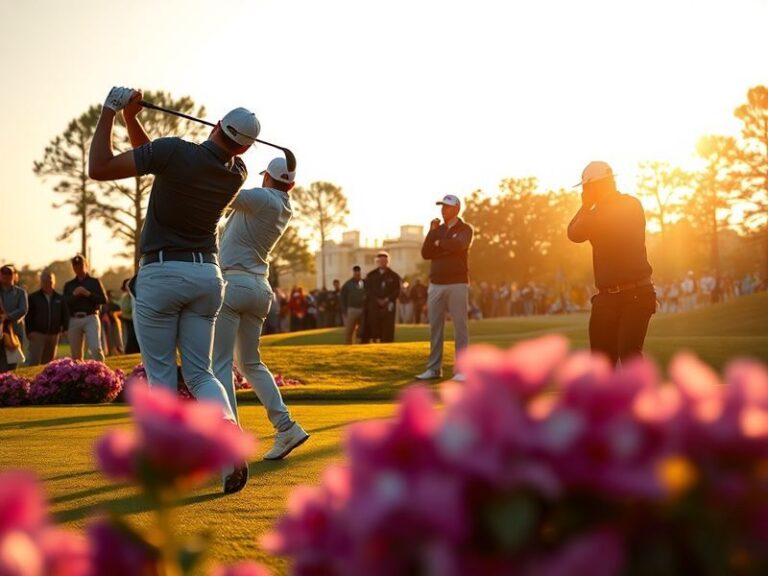 Aerial view of Augusta National’s 18th green during sunset, with players lined up on the fairway under pressure, spectators v