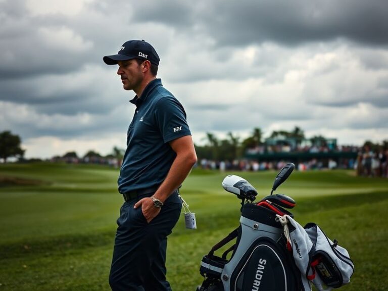 A focused photo of Justin Rose and his caddie Simon Robinson walking down a fairway during a tournament. The image shows Rose