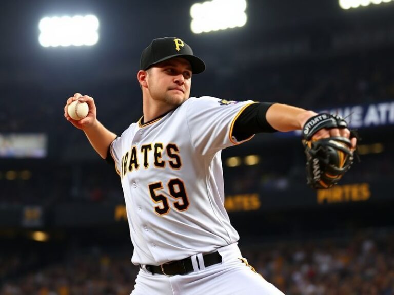 A focused action shot of Cody Bolton mid-pitch, wearing the Pittsburgh Pirates uniform with a blurred stadium background. He