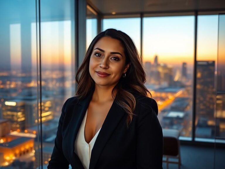 A professional portrait of Lauren Sánchez Bezos in a sleek, modern setting, possibly outdoors in an urban environment with a