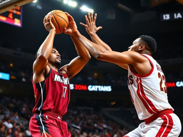 A dynamic NBA action shot featuring Trae Young and Jimmy Butler in mid-play, with the Atlanta Hawks and Miami Heat logos prom