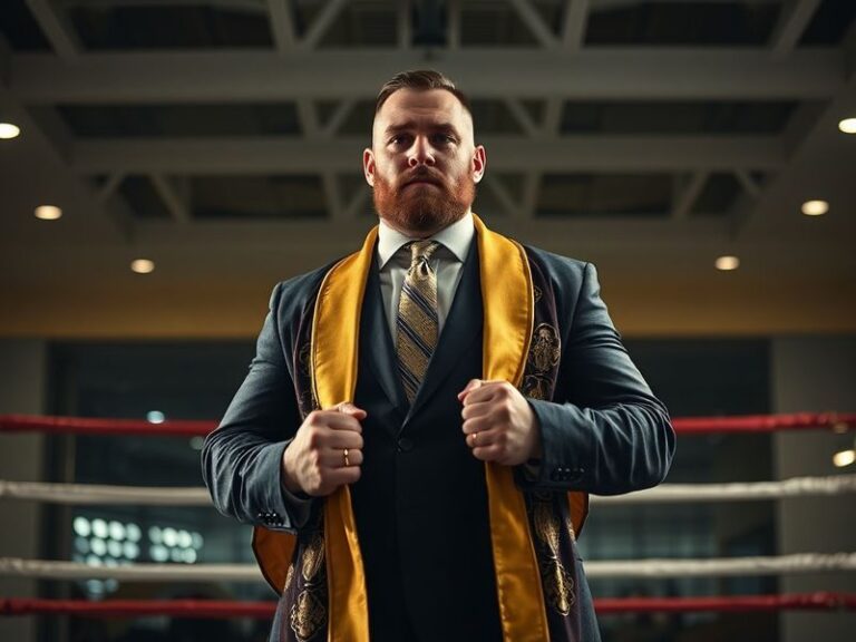 A dynamic action shot of Tyson Fury in the boxing ring mid-fight, wearing his signature bright shorts and robe, with a crowd