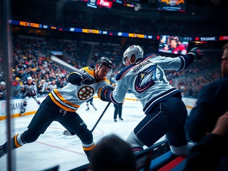 An action shot of a Boston Bruins player battling a Columbus Blue Jackets opponent during a high-stakes NHL game, with the ar