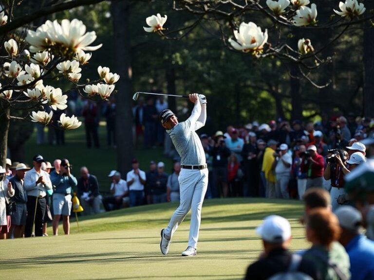 A vibrant action shot of Scottie Scheffler on the 18th green at Augusta National, wearing his green jacket, with a backdrop o