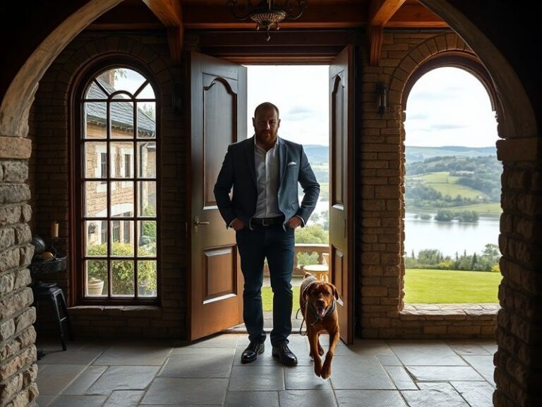 Aerial view of Tyson Fury's Morecambe estate at dusk, featuring the moat, castle-like architecture, and lush grounds, with a