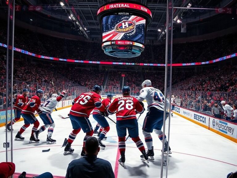 A split-screen image showing a Canadiens player in red against an Islanders player in blue, with the Bell Centre and Nassau C