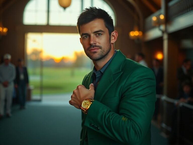 A professional golfer in mid-swing on a lush green course, wearing a TaylorMade cap and Omega watch, with a bright blue sky a