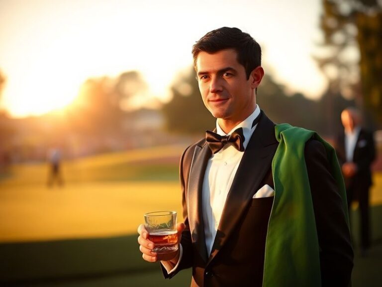A formal dining table at Augusta National Golf Club, set for the Masters Dinner. The table features elegant china, Irish stew