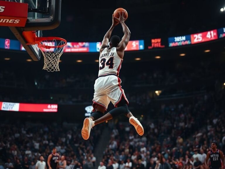 A dynamic action shot of Ron Harper Jr. in a Raptors uniform, mid-jump while shooting a three-pointer, with the Toronto skyli