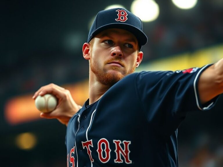 A dynamic action shot of Chris Sale pitching for the Boston Red Sox, mid-delivery with intense focus, wearing his home unifor