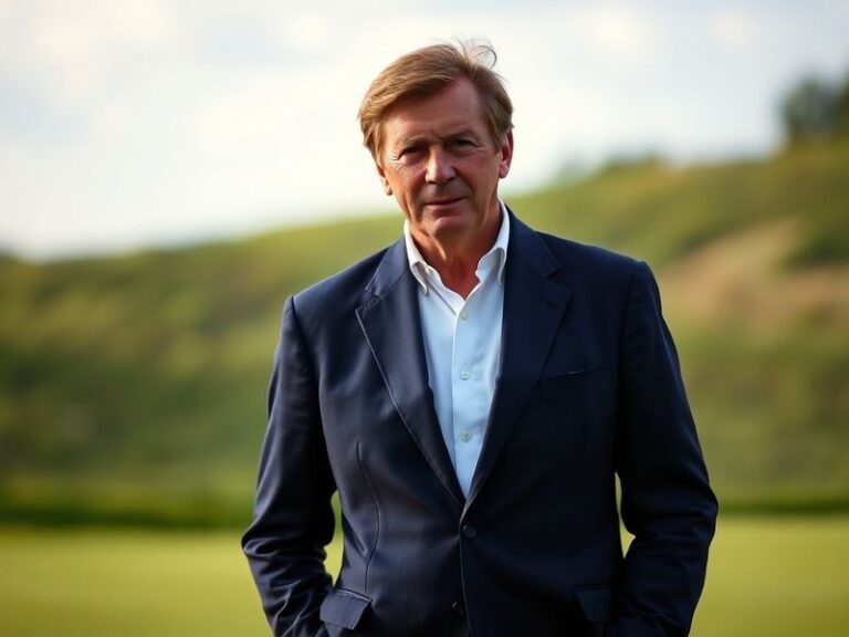 A dynamic action shot of Sir Nick Faldo mid-swing on the green at Augusta National, wearing his signature blue polo and focus