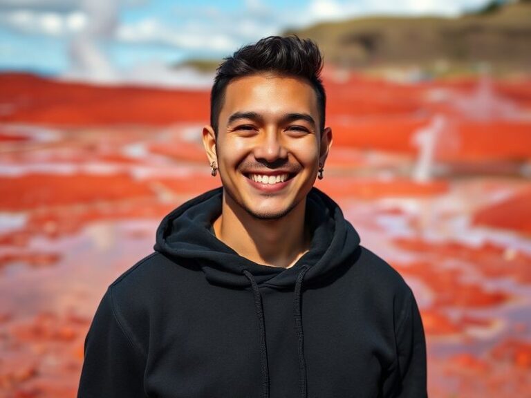 A dynamic action shot of Kade Anderson in mid-play during a Stade Français match, wearing the team's blue and red jersey. The