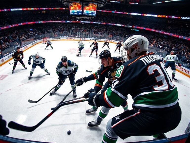 An intense NHL game between the Vancouver Canucks and Anaheim Ducks, captured from the stands with vibrant red and orange jer