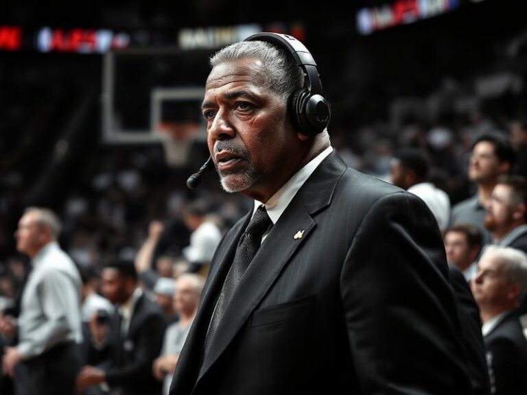 A mid-career portrait of Doc Rivers on the sidelines, wearing a suit and headset, with a focused expression during a game. Th