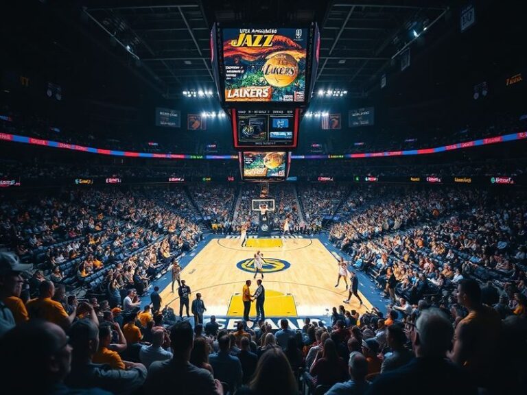 A split-screen image showing a Utah Jazz player in dark green and gold jersey on the left, and a Los Angeles Lakers player in