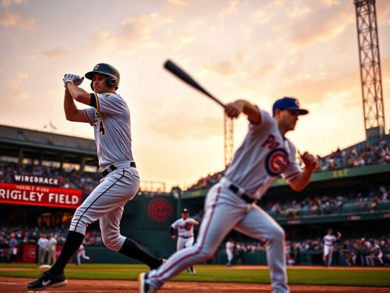 A late-inning shot at Wrigley Field: Pirates pitcher mid-delivery, Cubs batter swinging, with fans in the background under a