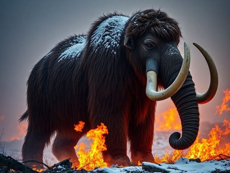 A dramatic illustration of a woolly mammoth facing off against a stylized fire dragon, set against a backdrop of ancient ruin