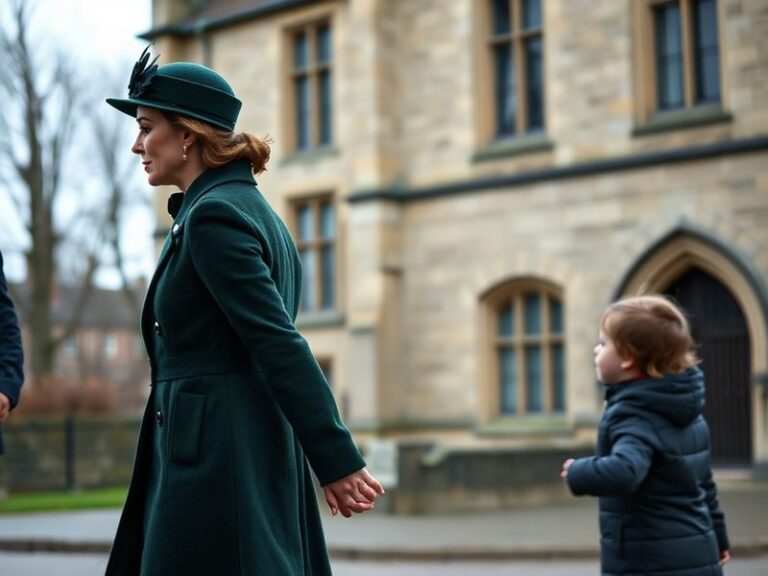A warm, candid portrait of Catherine, Princess of Wales in a pastel outfit, standing outdoors with a gentle smile, holding a