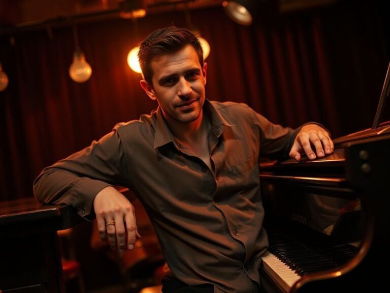 A candid shot of Ben Keaton on stage, mid-performance, with warm stage lighting and an intimate, engaged audience in the back