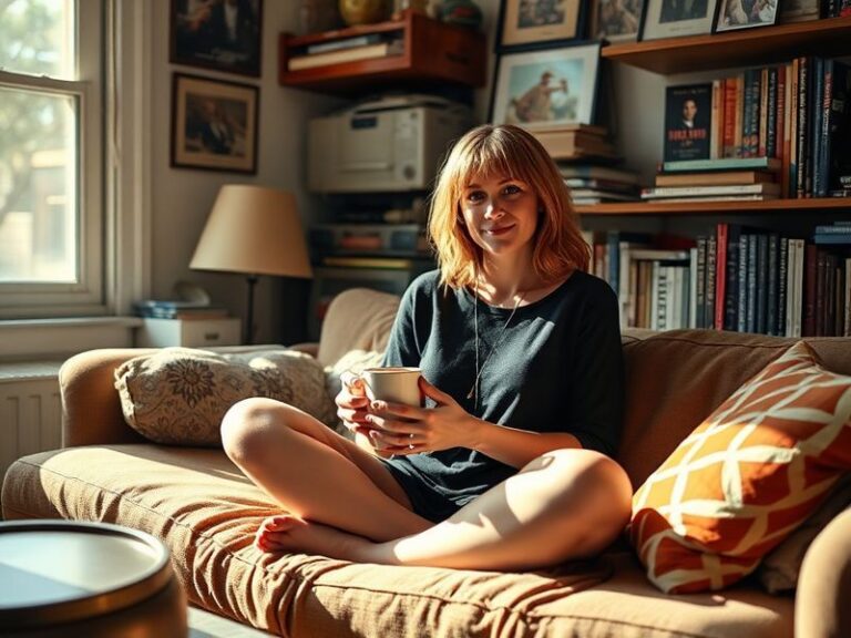 A candid shot of Anna Faris in a modern, minimalist setting—perhaps a cozy home office or a podcast studio—with a warm, invit