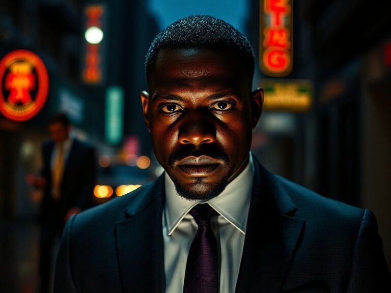 Adewale Akinnuoye-Agbaje in a dramatic pose, wearing a leather jacket and intense expression, set against a moody urban backd