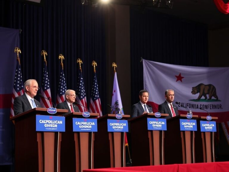A split image: on the left, Gavin Newsom speaking at a podium; on the right, a collage of potential GOP candidates like Brian
