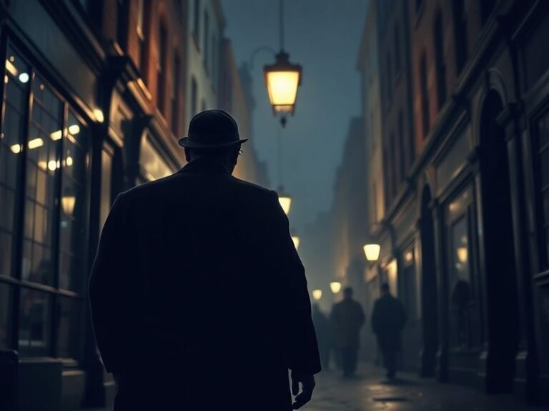 A moody, cinematic shot of David Tennant as Watson in a dimly lit office, surrounded by financial documents and computer scre
