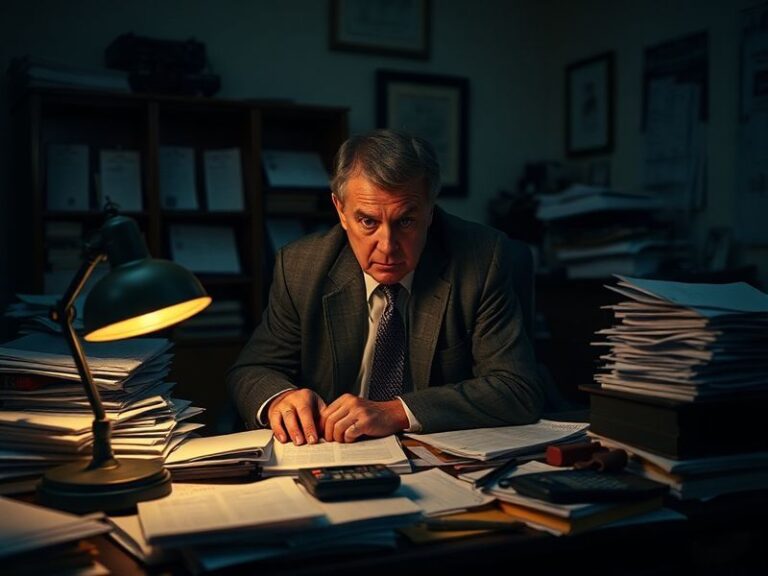 A stressed taxpayer at a cluttered desk reviewing documents with a calculator, laptop showing tax forms, and a calendar marke