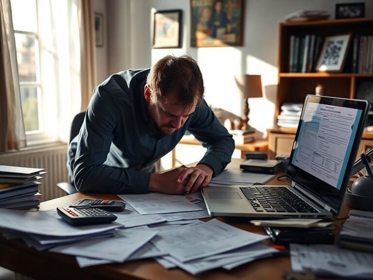 A close-up of a wooden desk calendar showing April 15 circled in red marker, surrounded by scattered IRS forms, a coffee cup,