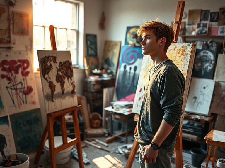 A focused portrait of Lachlan Olbrich in a modern office setting, surrounded by sports memorabilia and a laptop displaying an