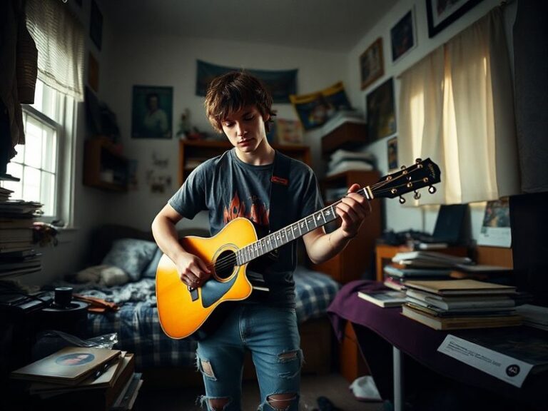 A dynamic portrait of Dominic Fike in a dimly lit studio, wearing a casual hoodie and headphones, with a vintage guitar leani