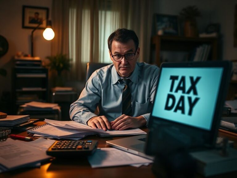 A focused middle-aged person sitting at a cluttered desk with a laptop, IRS forms, and a coffee cup, surrounded by tax docume