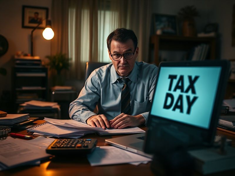 A focused middle-aged person sitting at a cluttered desk with a laptop, IRS forms, and a coffee cup, surrounded by tax docume