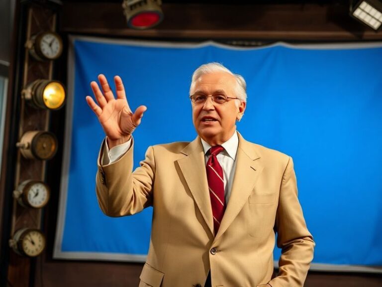 A professional portrait of Alfredo Adame in his prime, wearing a suit and standing in a mid-century Mexican television studio