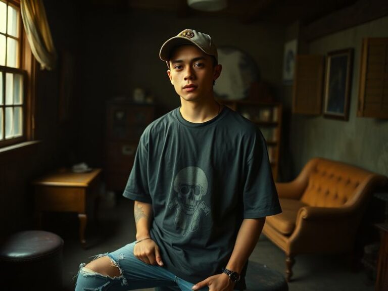 A candid live performance shot of Dominic Fike on stage, bathed in warm, moody lighting. He wears an oversized hoodie, ripped