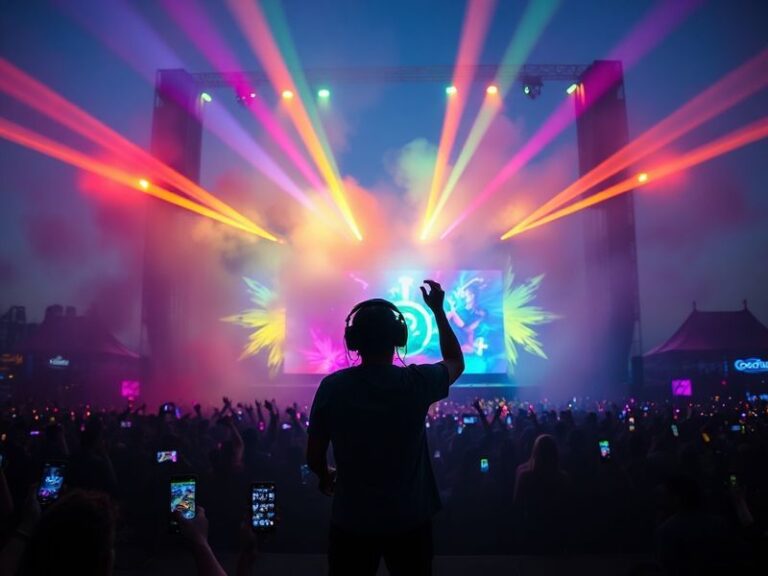 A dynamic concert photo of Subtronics performing on the Coachella Sahara Tent stage at night, bathed in neon and digital visu