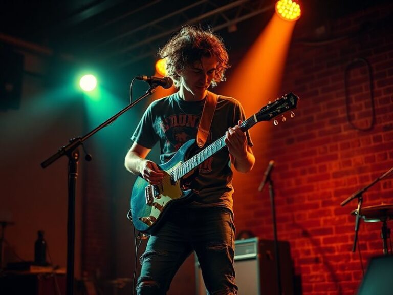 A dynamic live performance shot of Dominic Fike on stage, bathed in colorful stage lights, with a guitar in hand and an inten